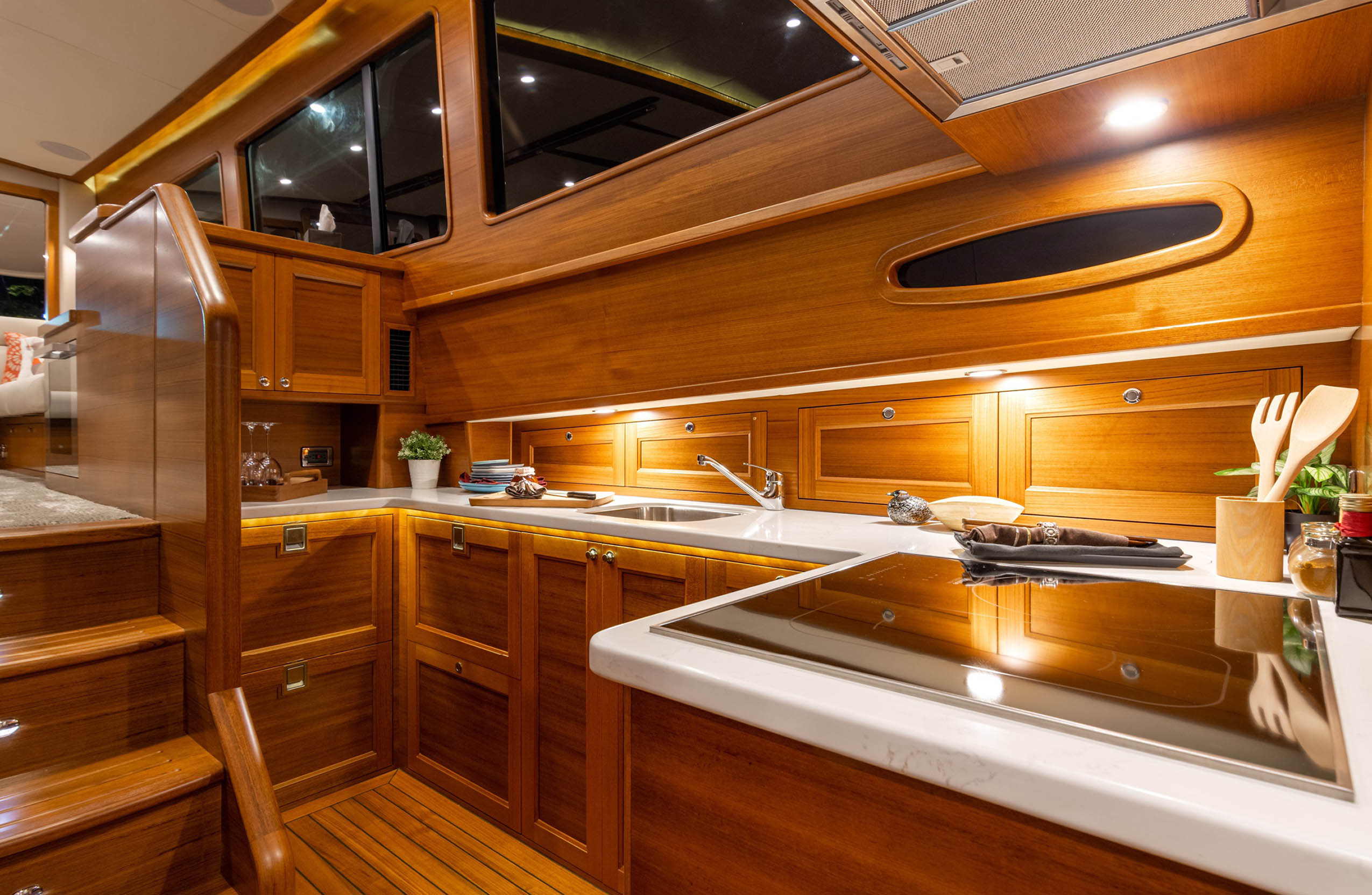 Grand Banks 54 interior showing cabinets and storage spaces for liveaboards